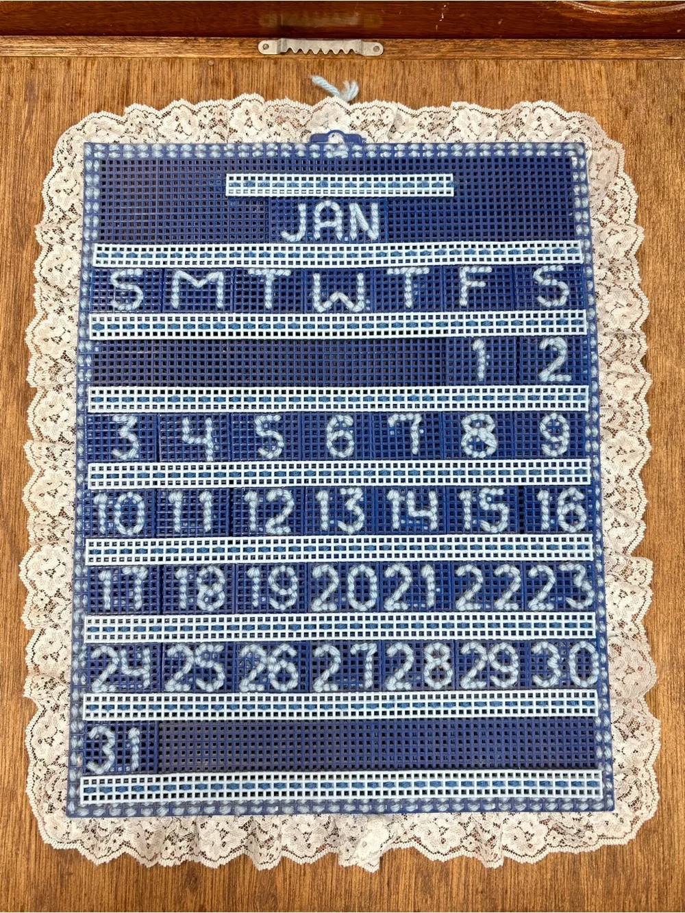 NOS VTG Handmade Needlepoint Perpetual Calendar Latch Hook Lace Edge All Pieces